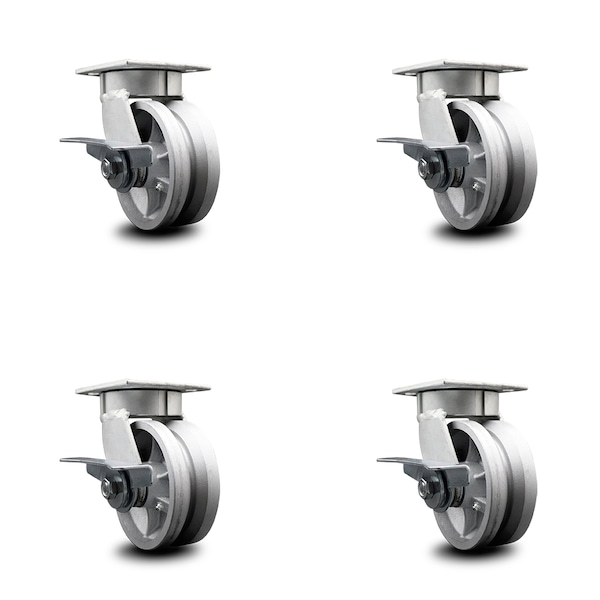 5 Inch Kingpinless V Groove Semi Steel Wheel Swivel Caster Set with Brakes SCC